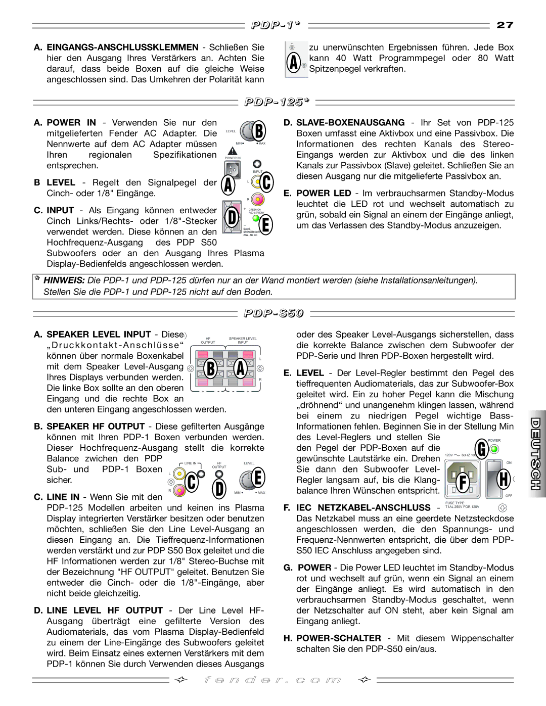 Fender PDP-125, PDP-S50 manual Speaker Level Input Diese, Iec Netzkabel-Anschluss 