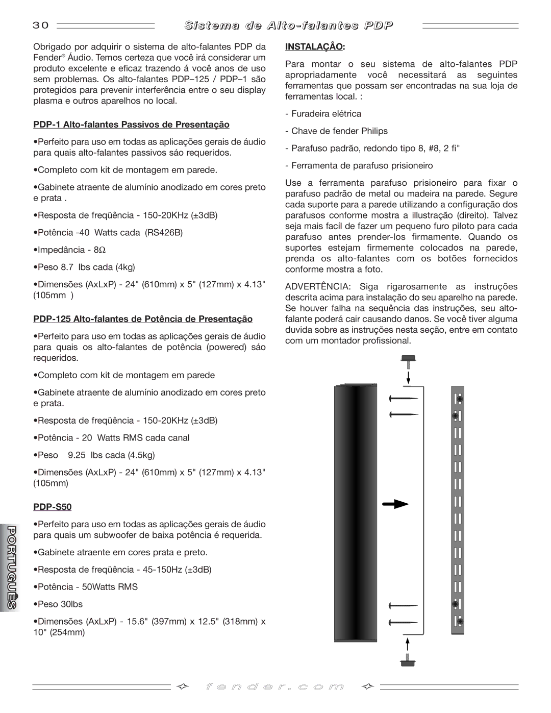 Fender PDP-125, PDP-S50 manual S t e m a d e a l t o f a l a n t e s P D P, PDP-1 Alto-falantes Passivos de Presentação 