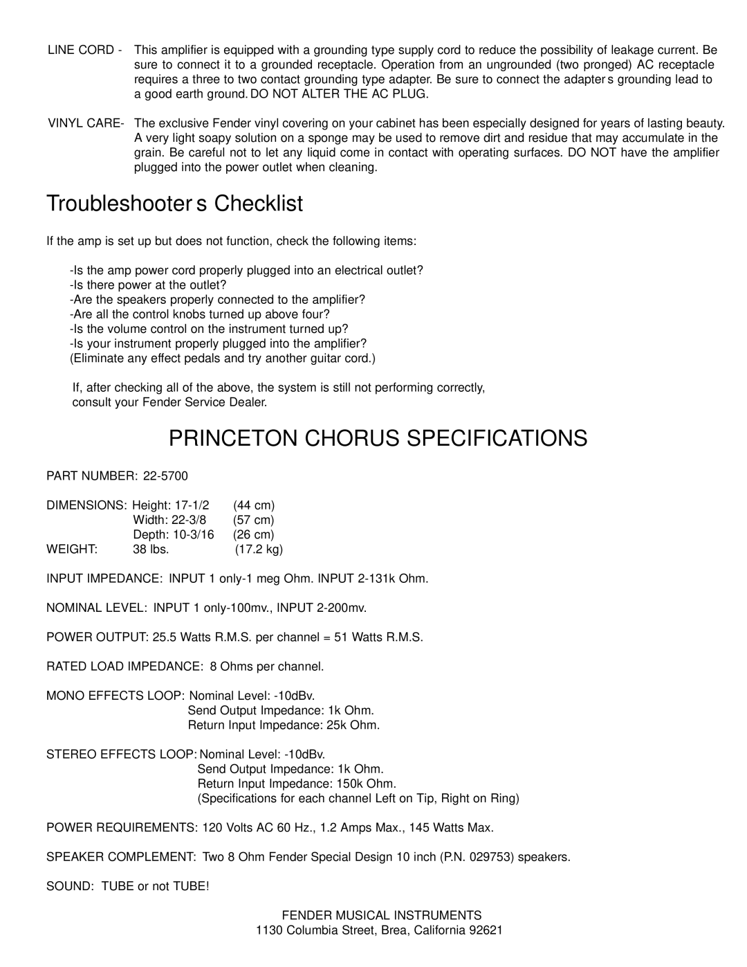 Fender P/N 030780 owner manual Princeton Chorus Specifications 