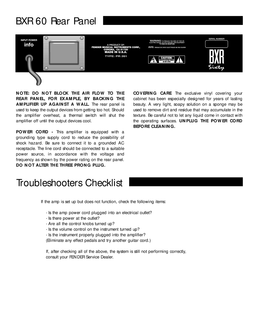 Fender P/N 047538 owner manual BXR 60 Rear Panel, Troubleshooters Checklist 