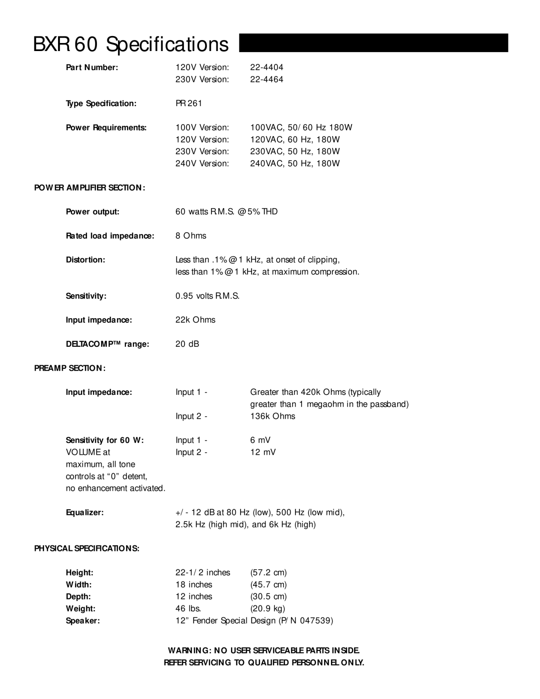 Fender P/N 047538 owner manual BXR 60 Specifications, Power Amplifier Section 