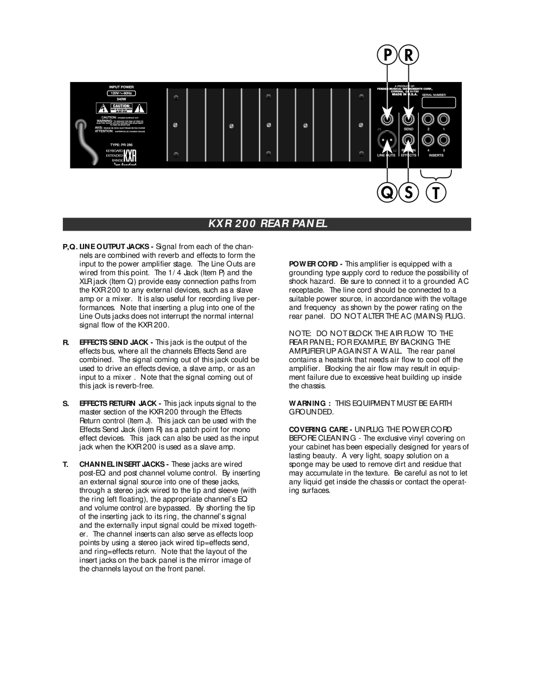 Fender P/N 048502 owner manual KXR 200 Rear Panel 