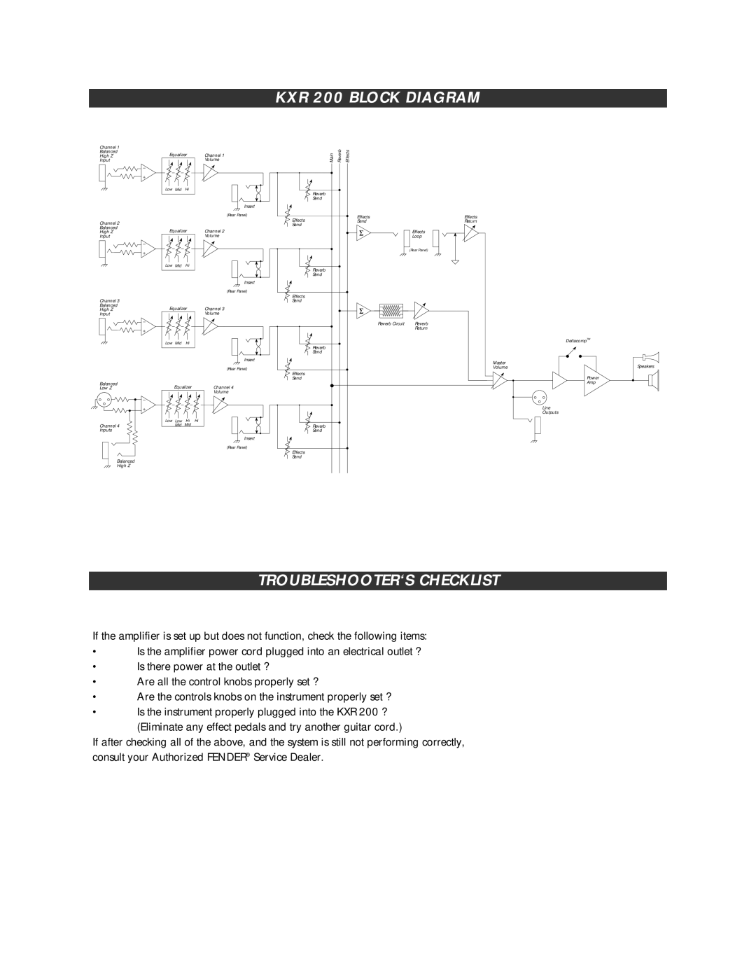 Fender P/N 048502 owner manual KXR 200 Block Diagram, TROUBLESHOOTER‘S Checklist 