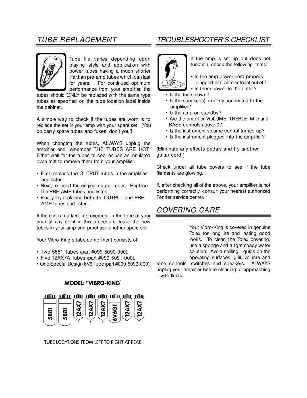 Fender P/N 053493 manual Tube Replacement, TROUBLESHOOTER’S Checklist, Covering Care 