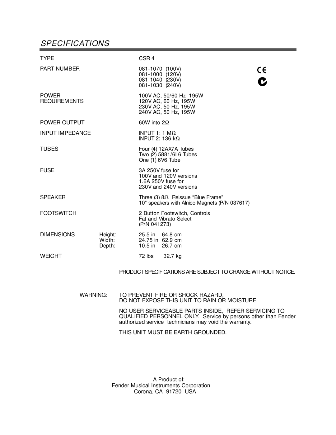 Fender P/N 053493 manual Specifications 