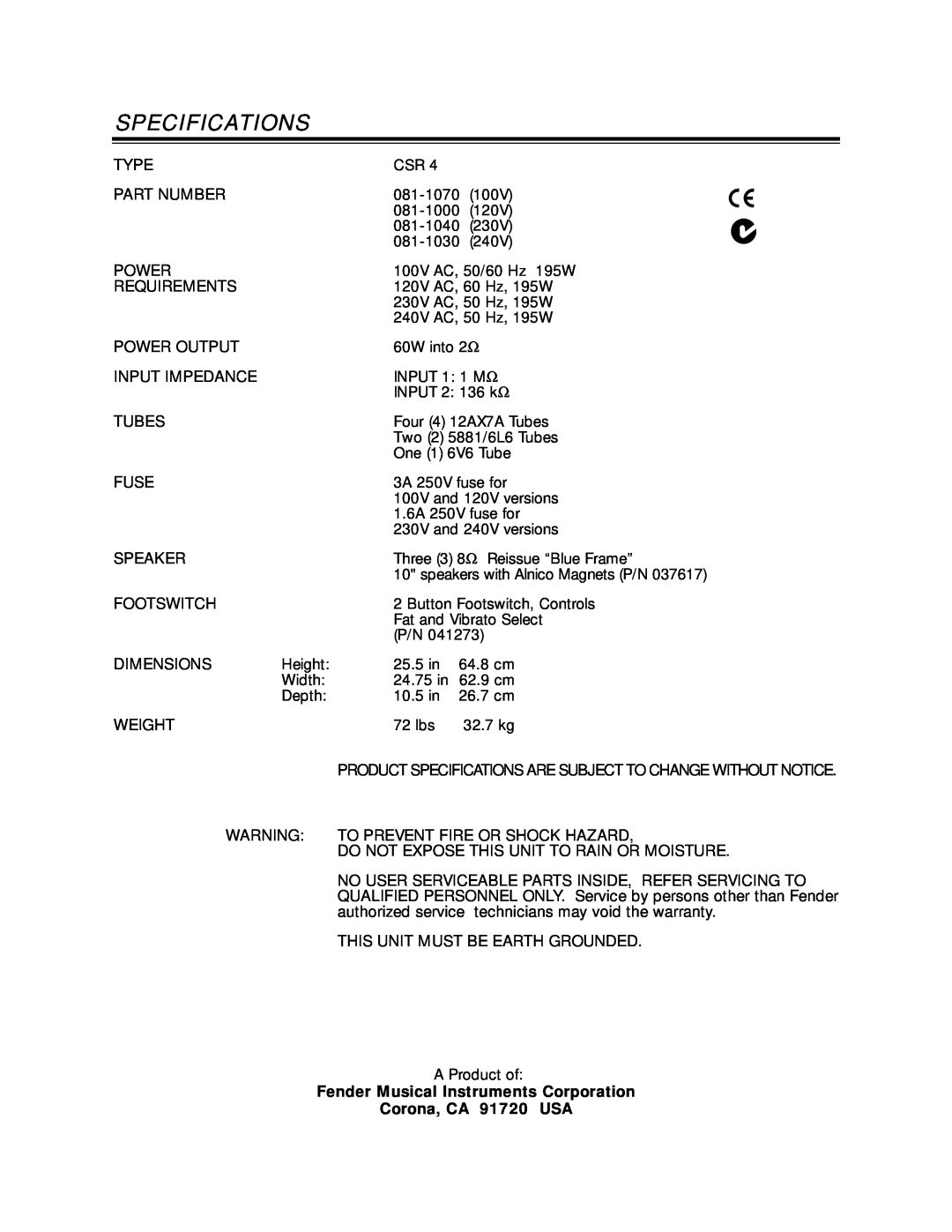 Fender P/N 053493 manual Specifications, Fender Musical Instruments Corporation, Corona, CA 91720 USA 