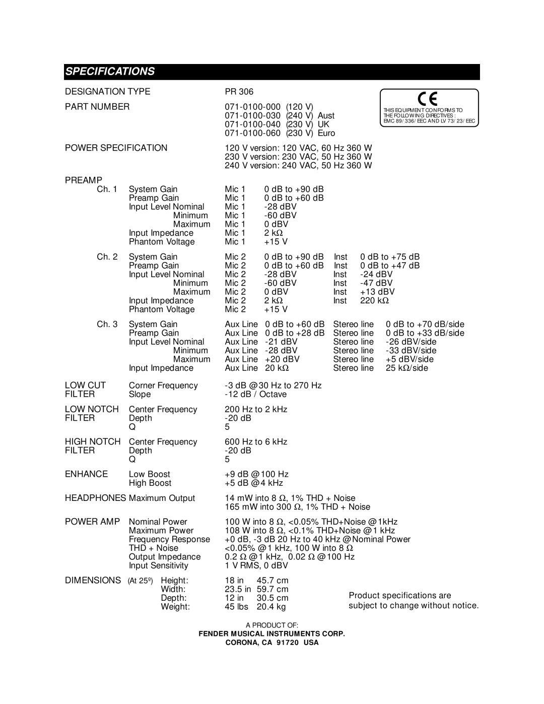 Fender Power Stage 100 owner manual Specifications, Designation Type Part Number 