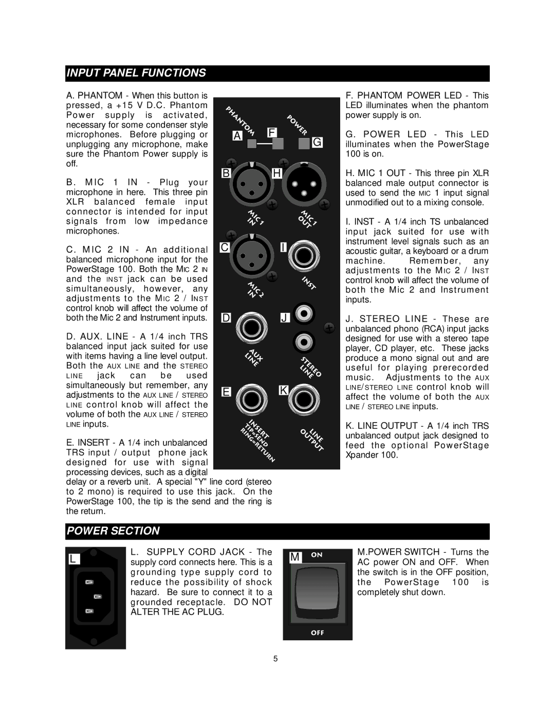 Fender Power Stage 100 owner manual Input Panel Functions, Power Section 