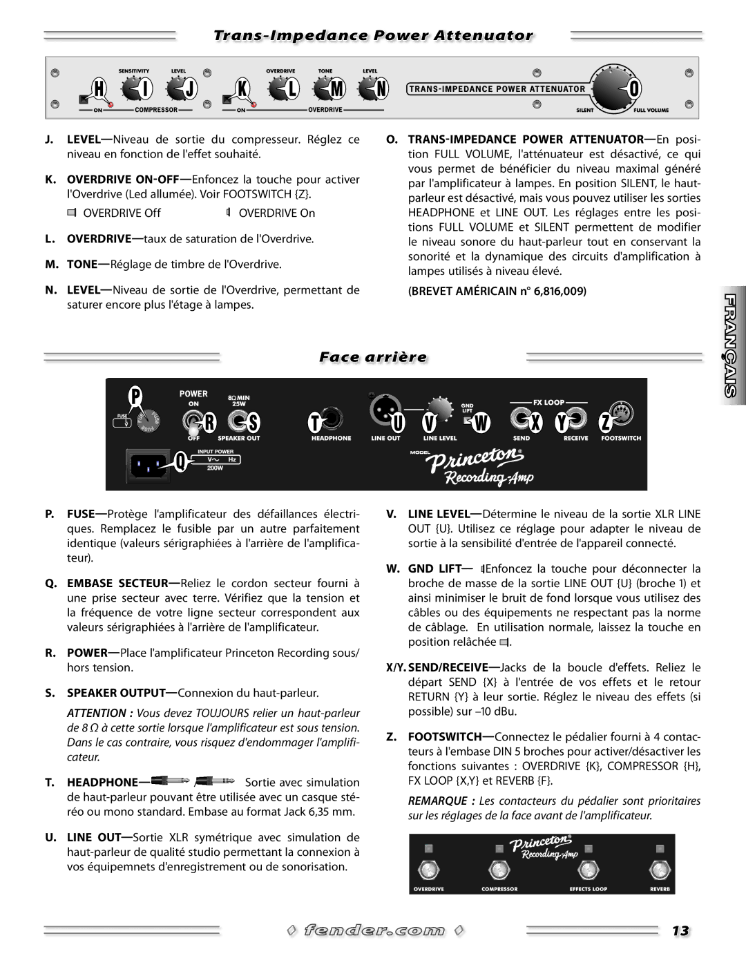 Fender PR 524 manual Trans-Impedance Power Attenuator, Face arrière 