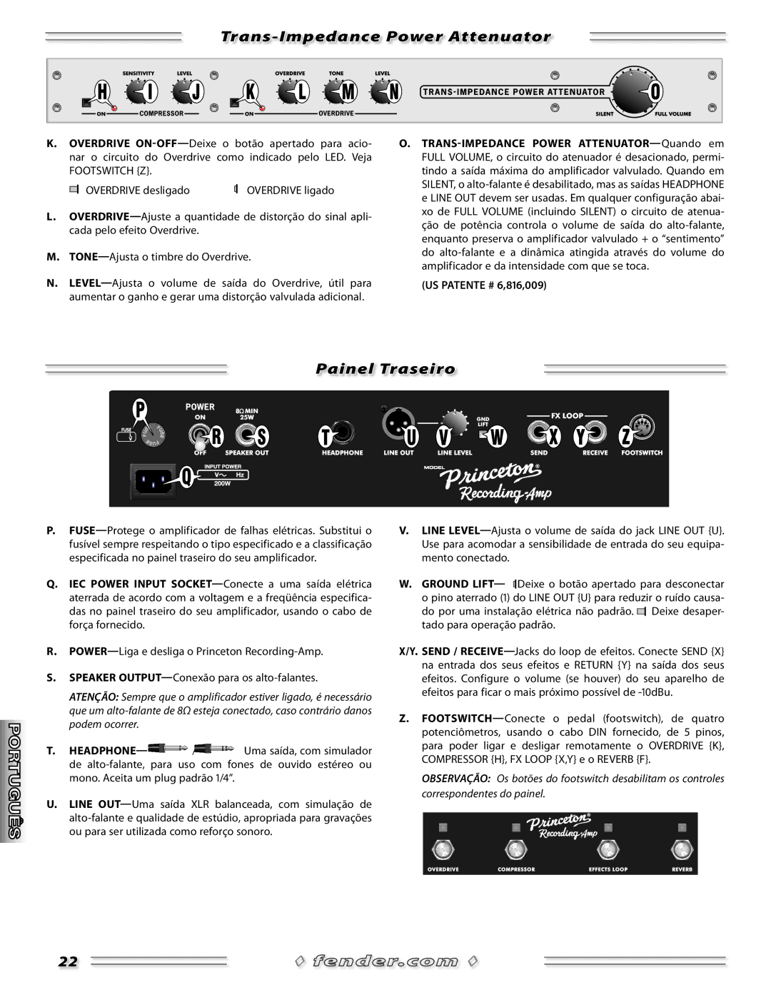 Fender PR 524 manual Trans-Impedance Power Attenuator, Painel Traseiro 