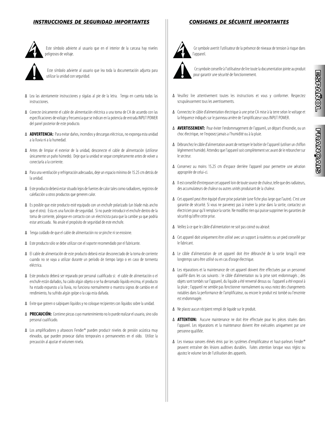 Fender PR 524 manual Instrucciones de Seguridad Importantes, Consignes de Sécurité Importantes 