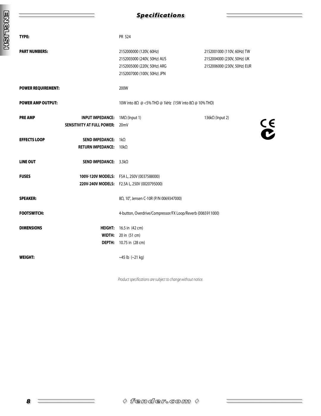 Fender PR 524 manual Specifications 