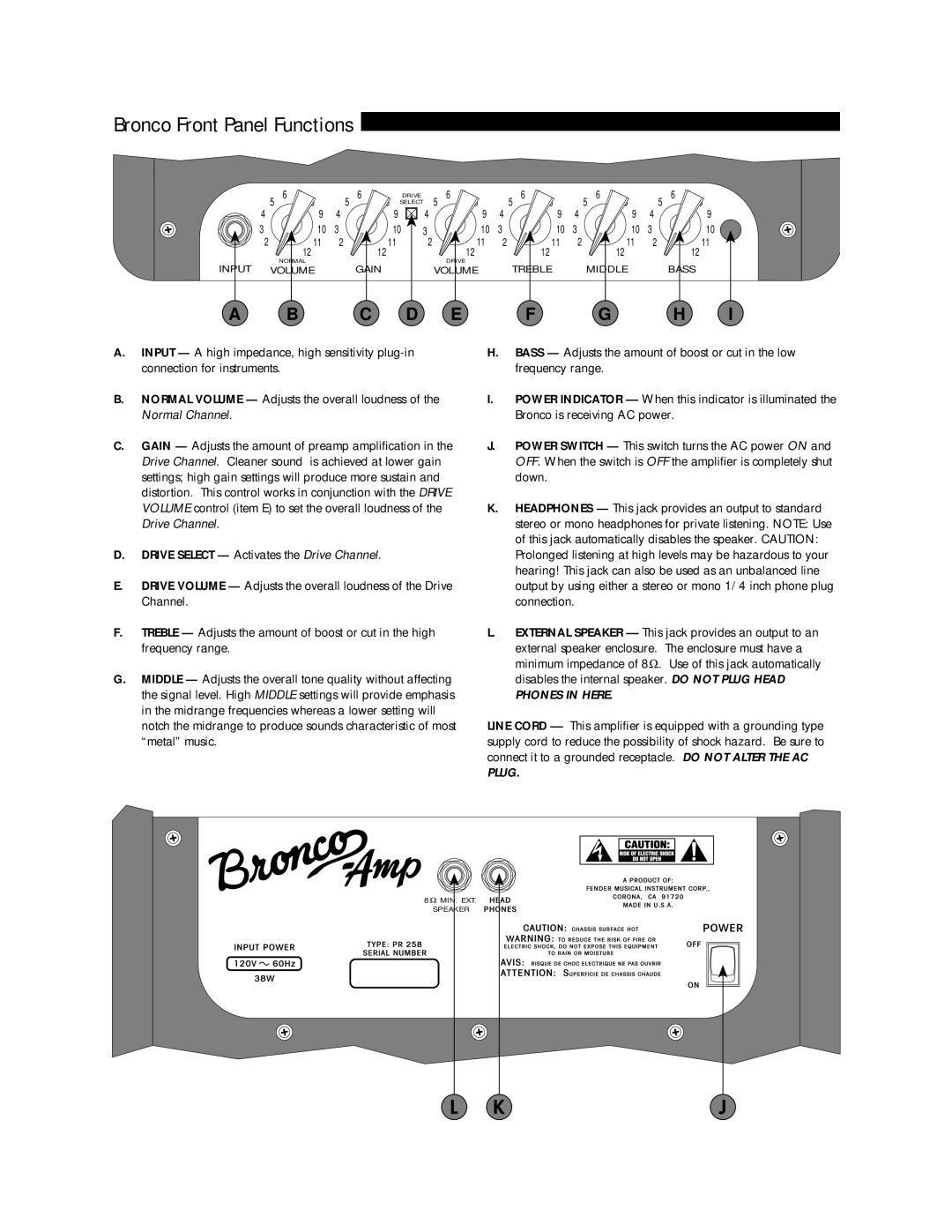 Fender PR258 owner manual Bronco Front Panel Functions 