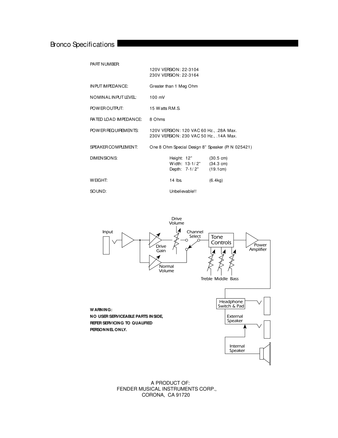 Fender PR258 owner manual Bronco Speciﬁcations 