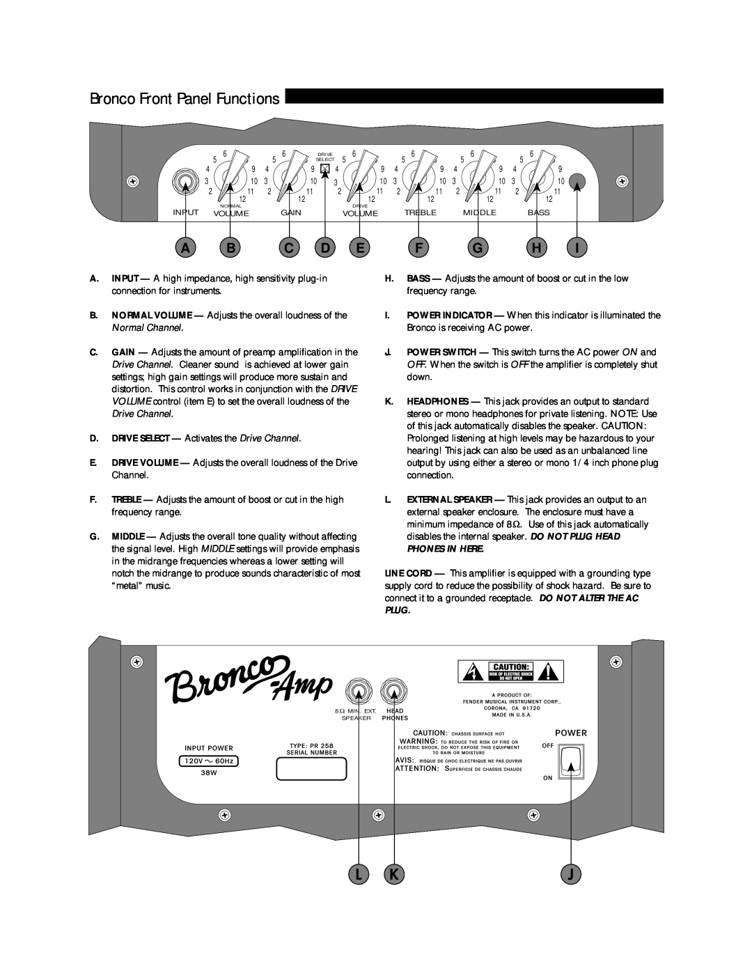Fender PR258 owner manual Bronco Front Panel Functions 