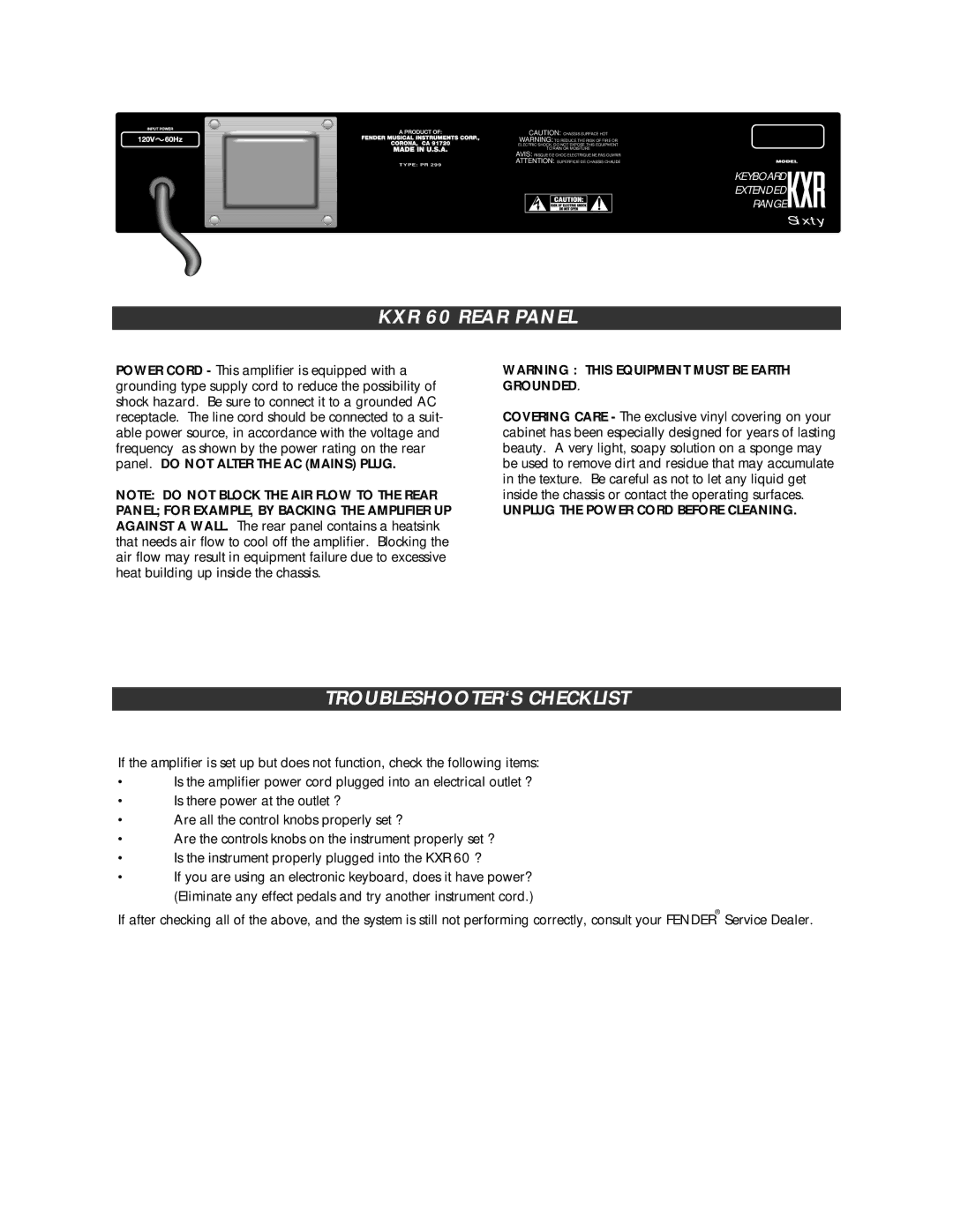 Fender SIXTY owner manual KXR 60 Rear Panel, TROUBLESHOOTER‘S Checklist 