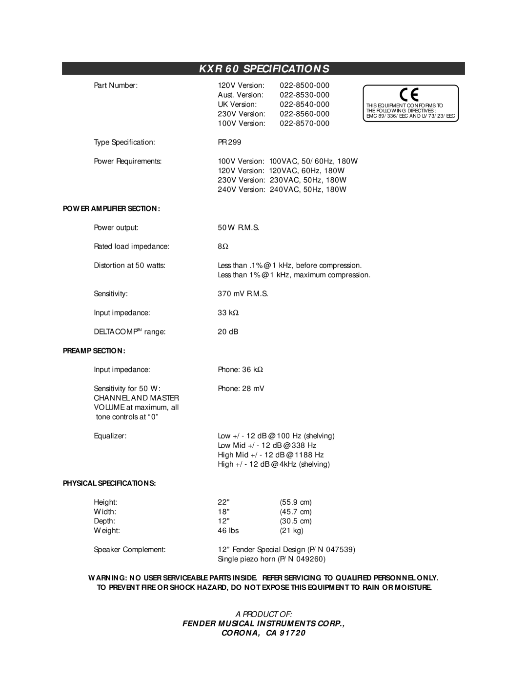 Fender SIXTY owner manual KXR 60 Specifications, Power Amplifier Section 