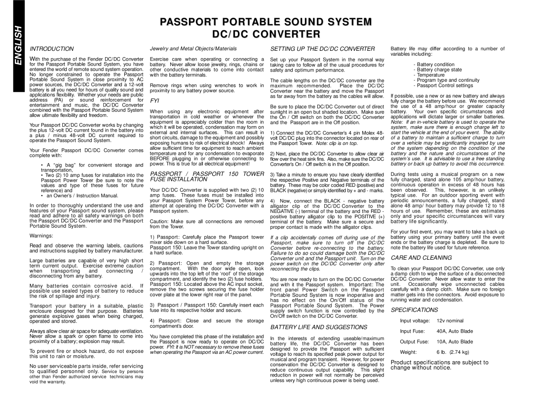 Fender Speaker System specifications Passport Portable Sound System DC/DC Converter 