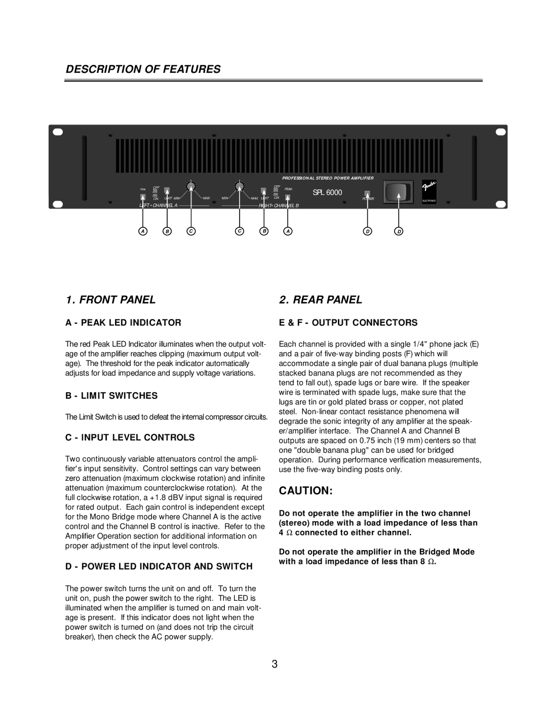 Fender SPL-6000P owner manual Description of Features, Front Panel Rear Panel 