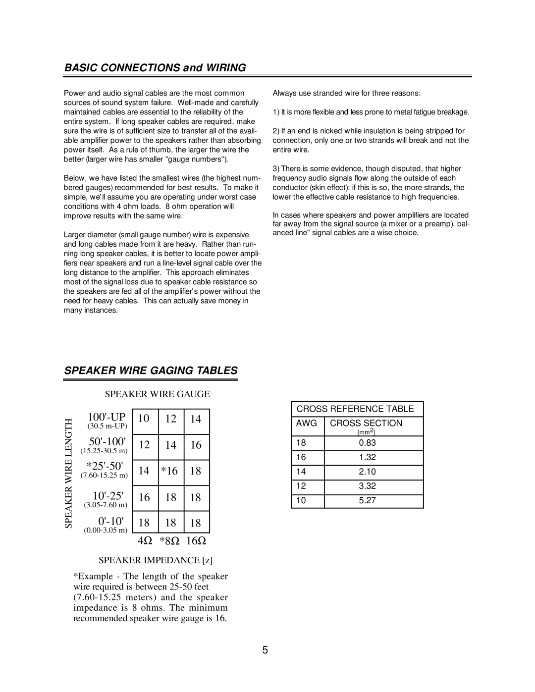 Fender SPL-6000P owner manual Basic Connections and Wiring, Speaker Wire Gaging Tables 