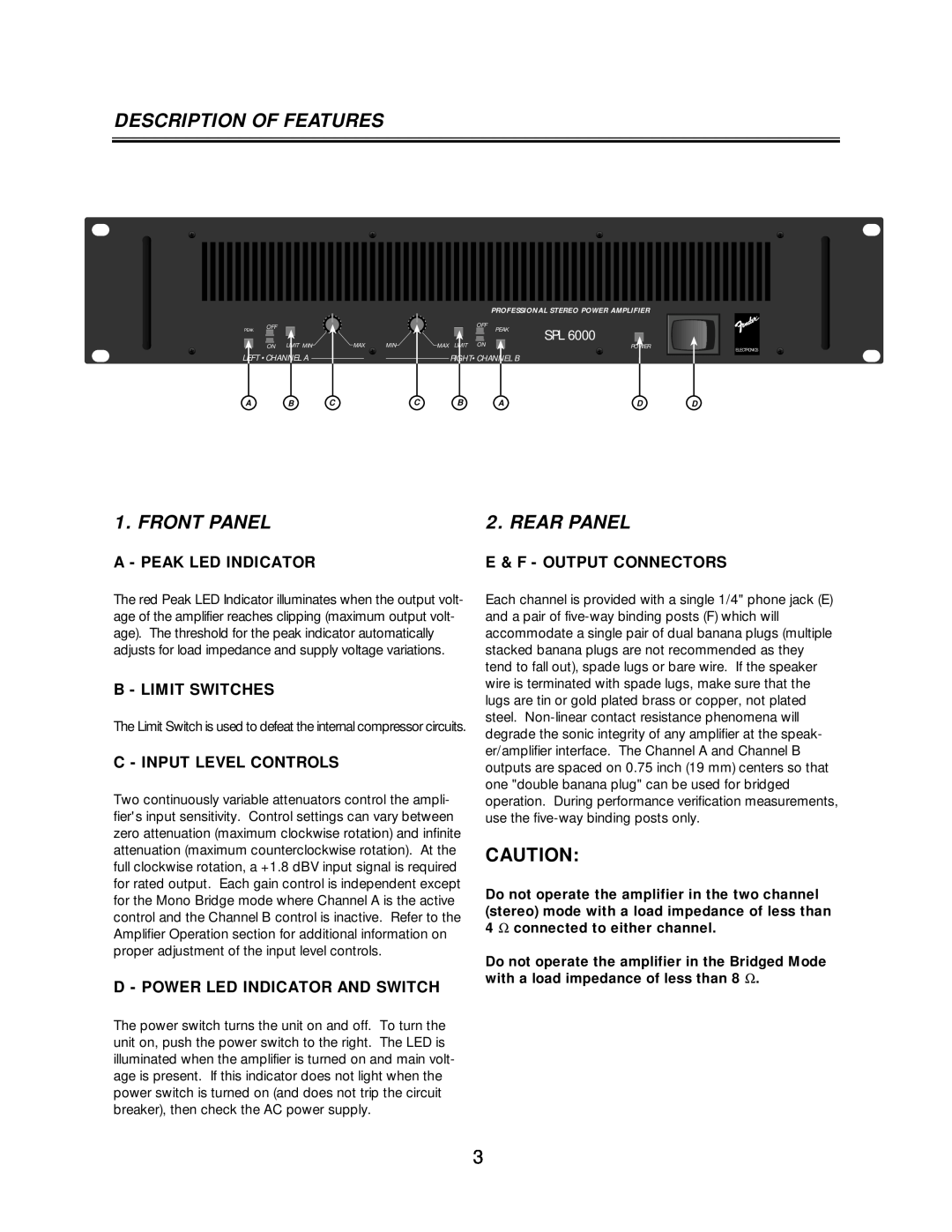 Fender SPL-6000P Description Of Features, Front Panel, Rear Panel, A - Peak Led Indicator, E & F - Output Connectors 