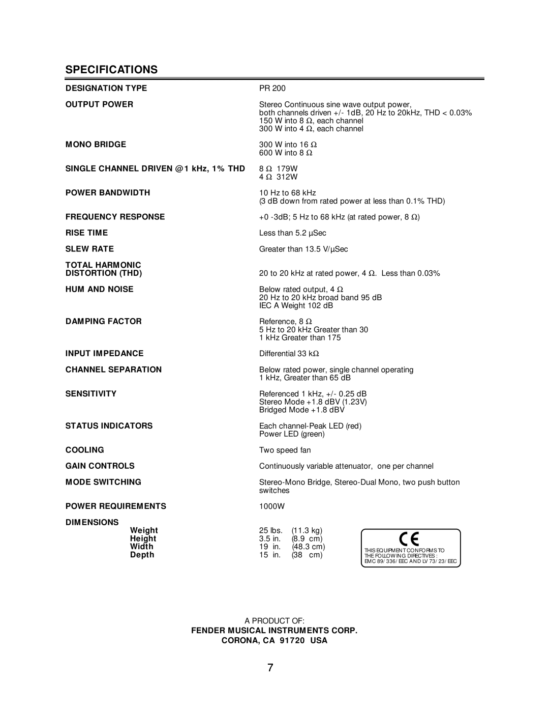 Fender SPL-6000P owner manual Specifications 