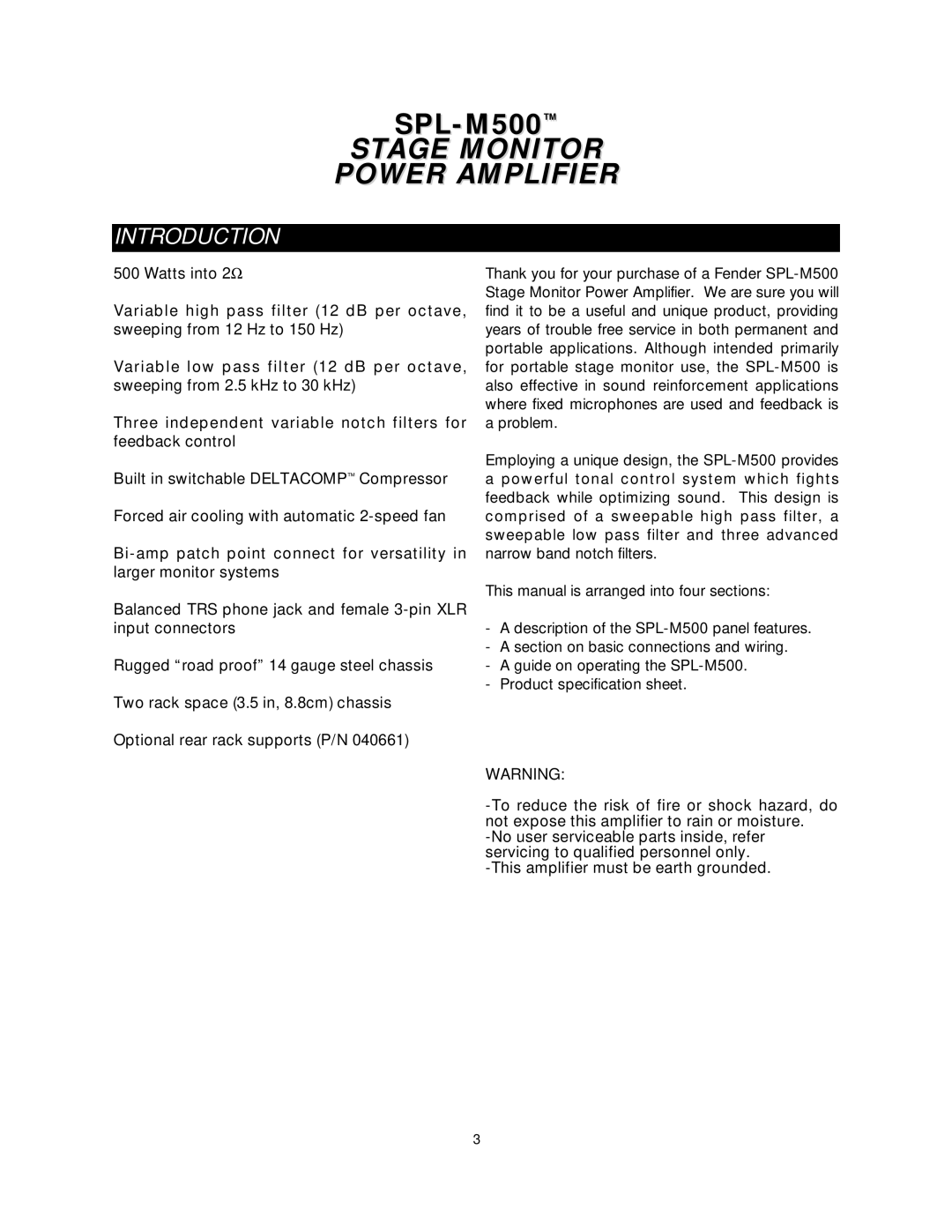 Fender SPL-M500 owner manual Stage Monitor Power Amplifier 