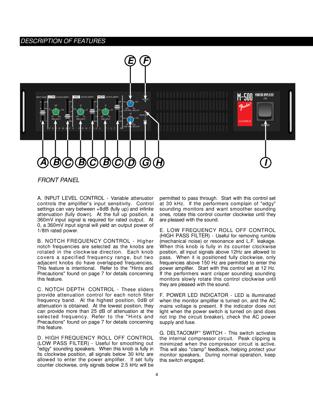 Fender SPL-M500 owner manual C B C B C D G H, Description of Features, Front Panel 