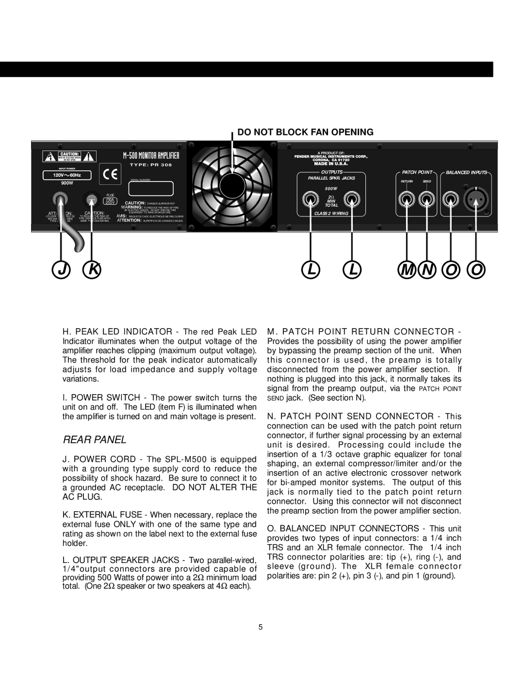 Fender SPL-M500 owner manual Kl L M N O O, Rear Panel 