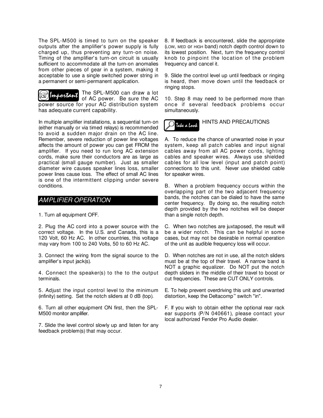 Fender SPL-M500 owner manual Amplifier Operation, Hints and Precautions 