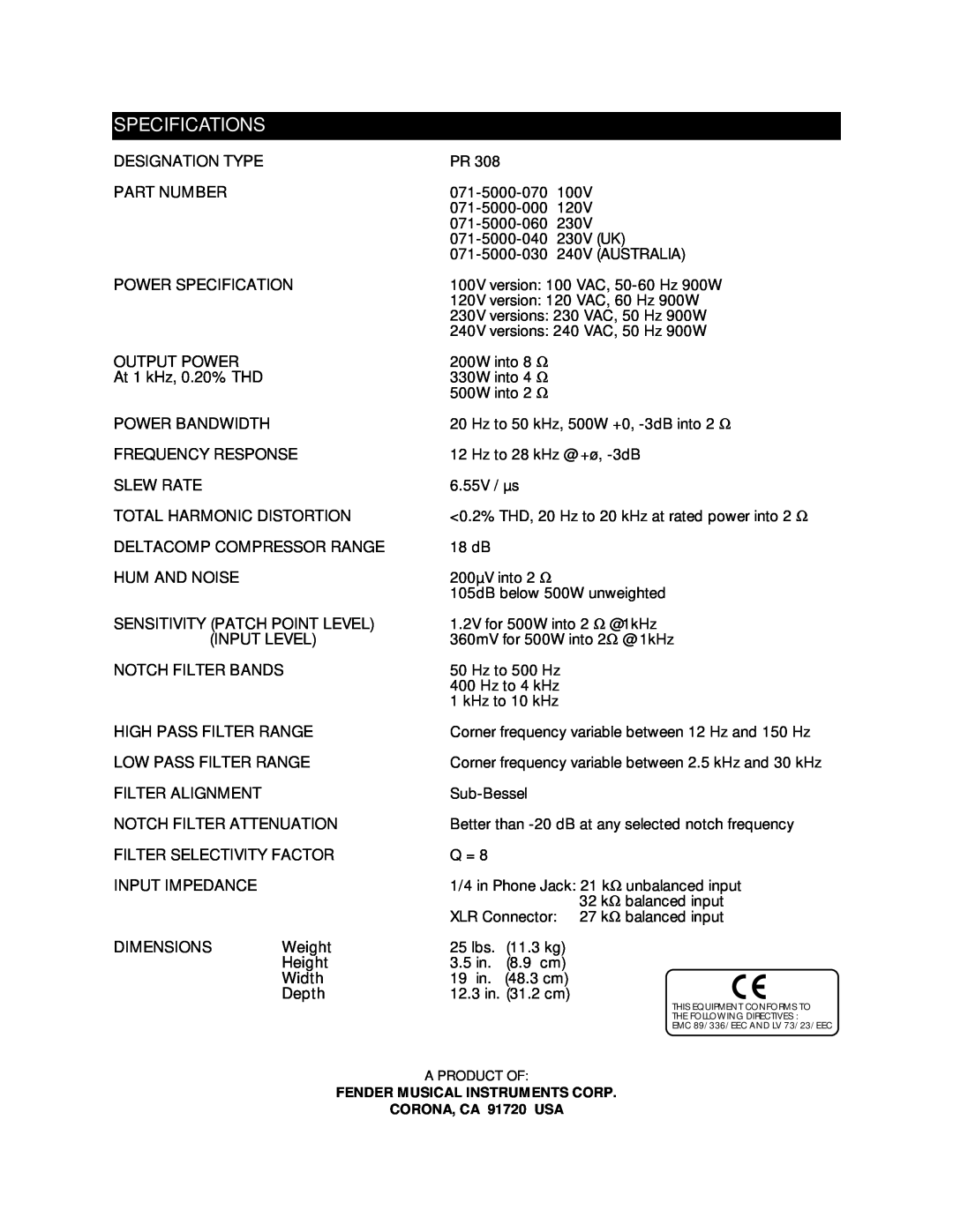 Fender SPL-M500 owner manual Specifications 