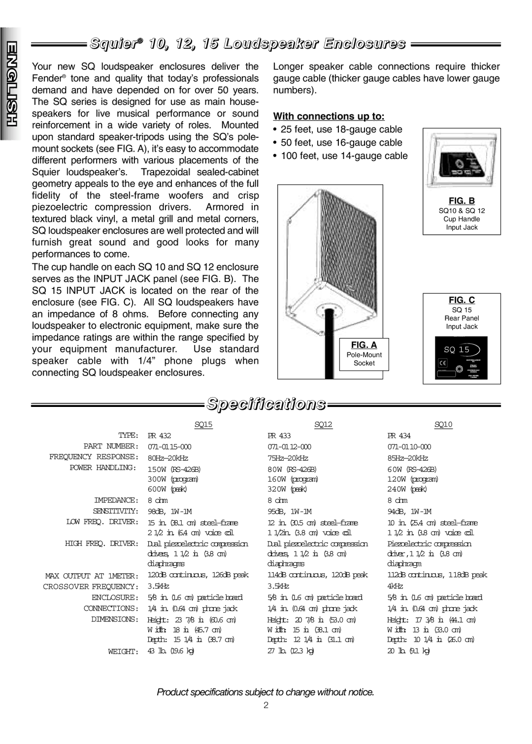 Fender SQ 10 manual English, Specifications, With connections up to 