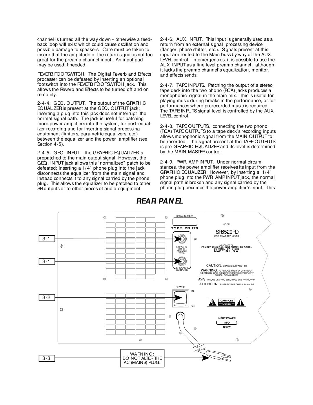 Fender SR-6520PD, SR-8520PD owner manual Rear Panel 