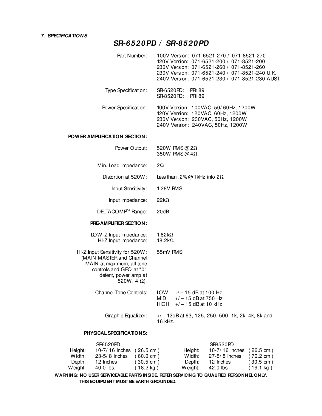 Fender owner manual SR-6520PD / SR-8520PD 