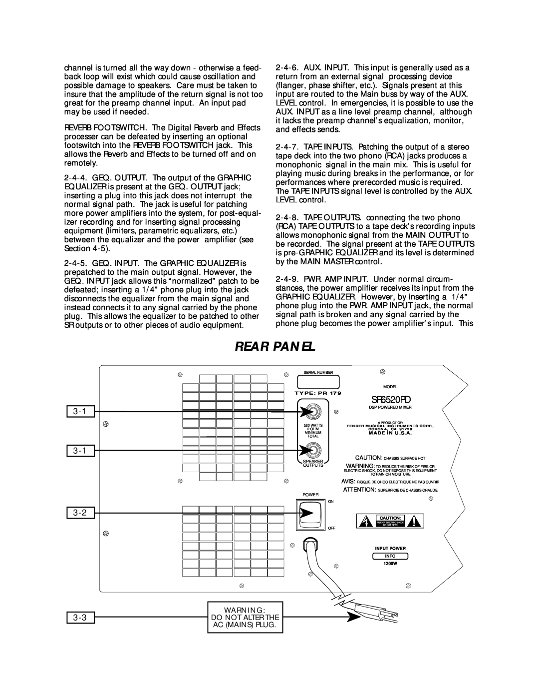 Fender SR-6520PD, SR-8520PD owner manual Rear Panel 