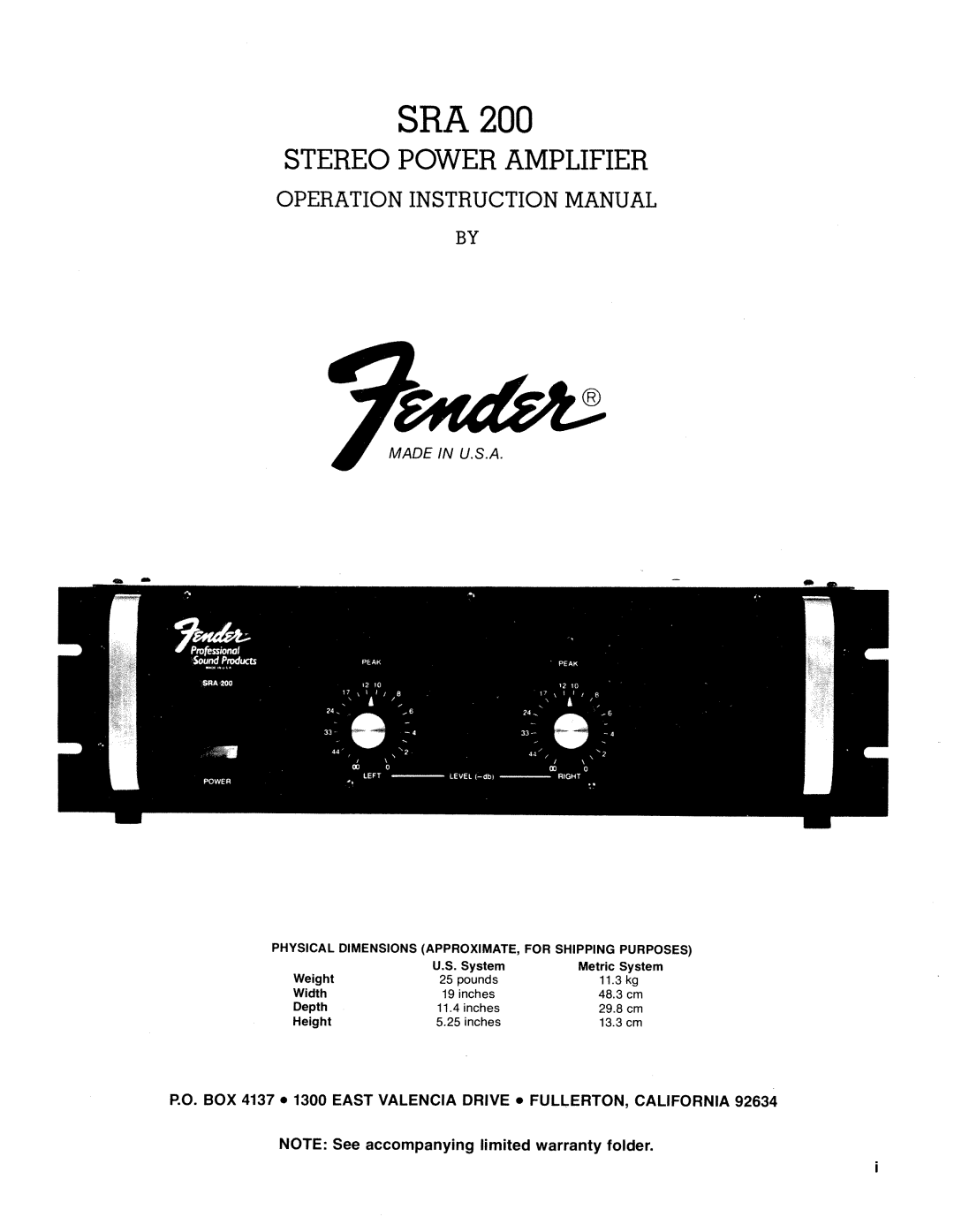 Fender SRA 200 manual 