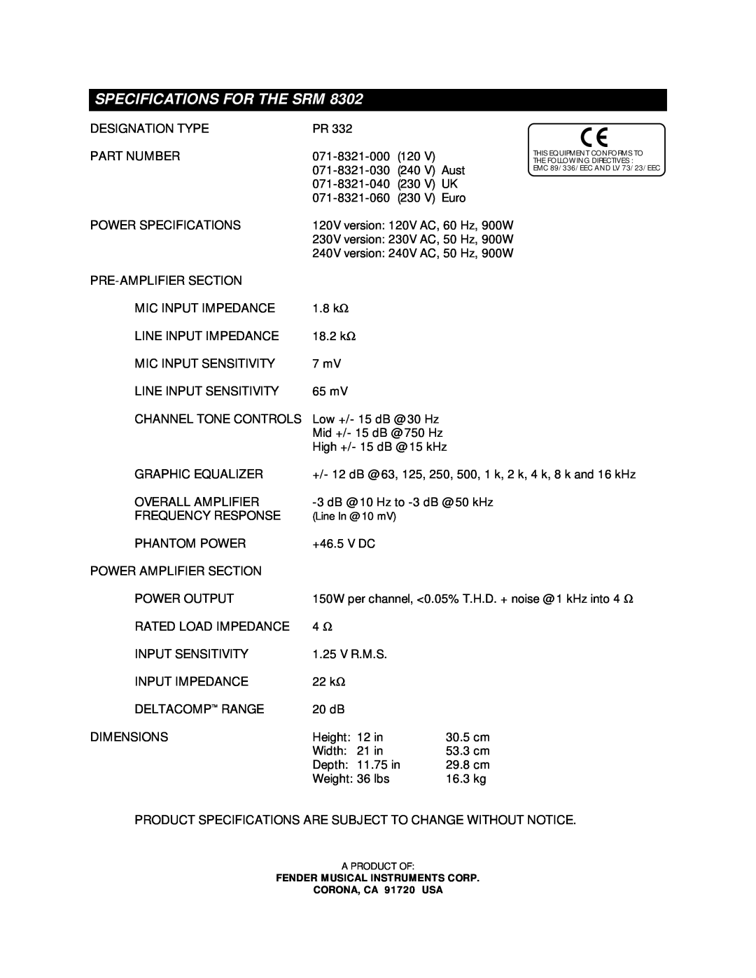 Fender SRM 8302, SRM 6302 manual Specifications For The Srm, Designation Type 