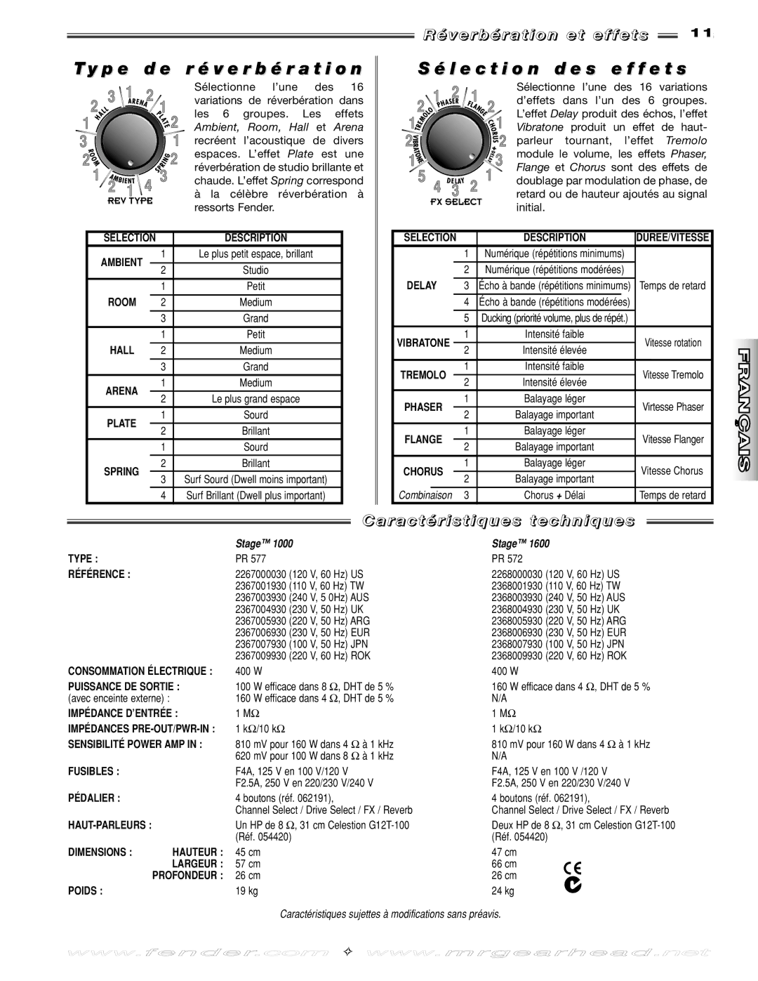 Fender Stage 1600 P e d e r é v e r b é r a t i o n, L e c t i o n d e s e f f e t s, V e r b é r a t i o n e t e ff e t s 