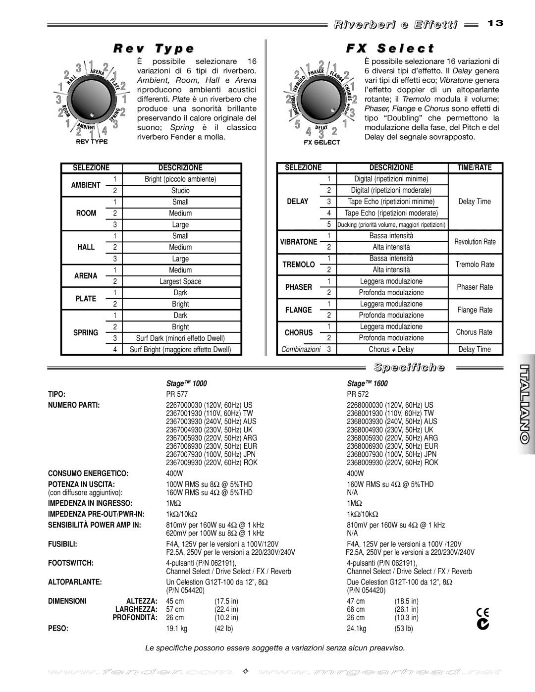 Fender Stage 1600, Stage 1000 manual V Ty p e, S e l e c t, V e r b e r i e E ff e t t i, E c i f i c h e 