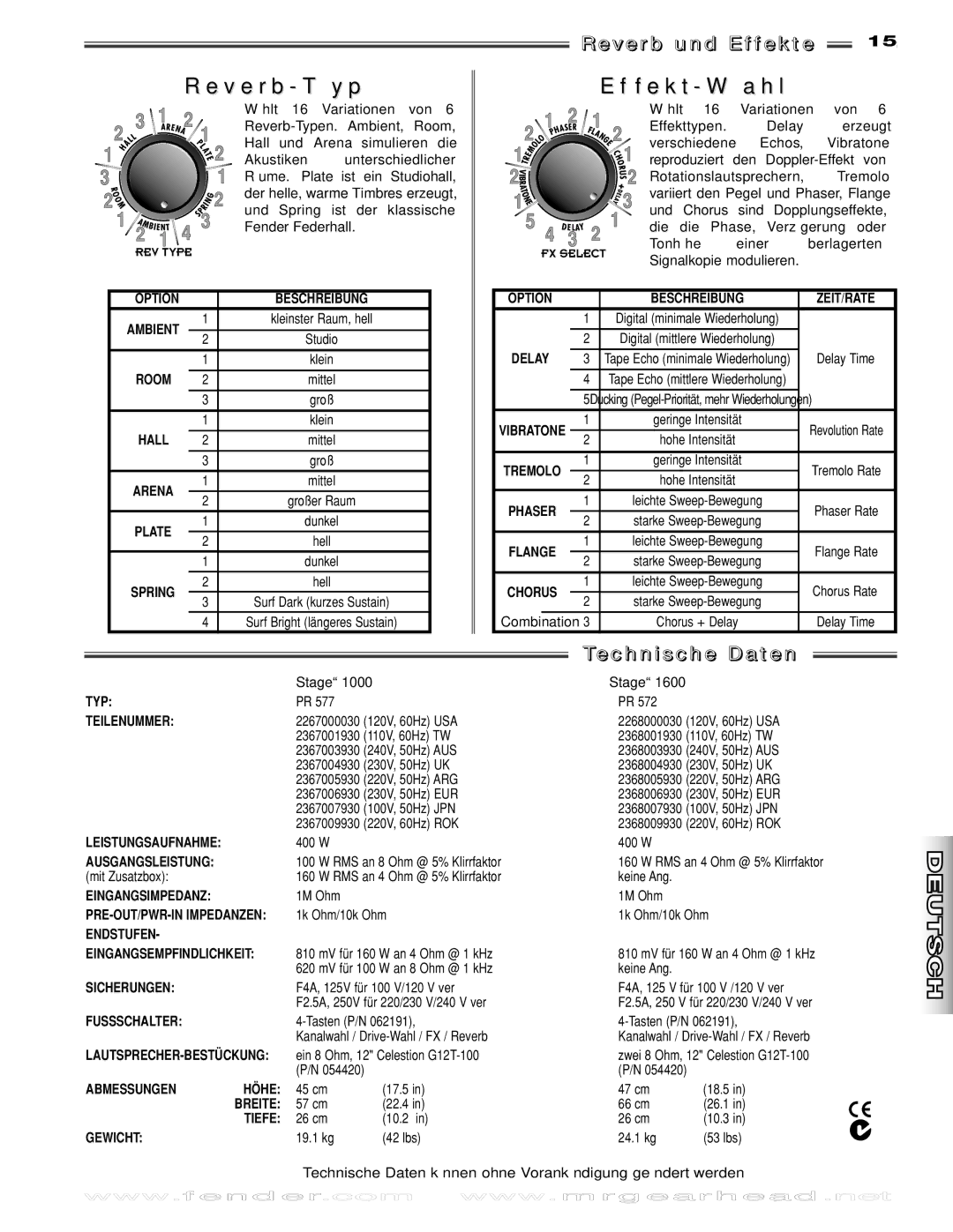 Fender Stage 1600, Stage 1000 V e r b T y p, F e k t W a h l, V e r b u n d E ff e k t e, Te c h n i s c h e D a t e n 