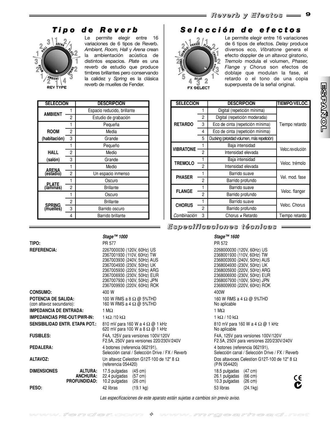 Fender Stage 1600, Stage 1000 manual P o d e R e v e r b, L e c c i ó n d e e f e c t o s, V e r b y E f e c t o s 