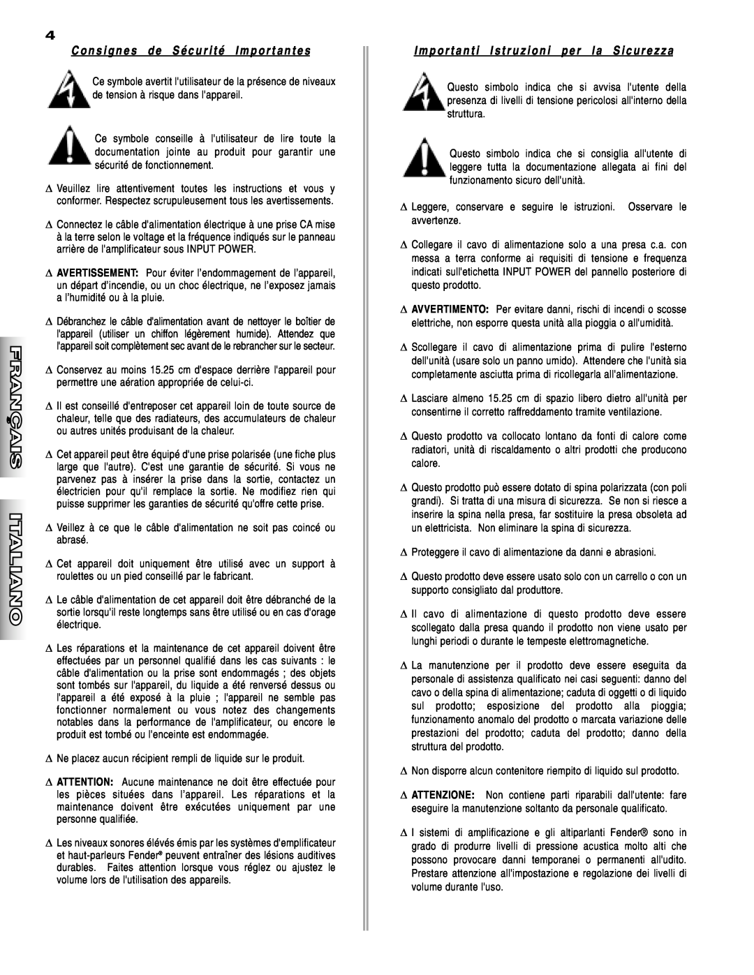 Fender Stereo Amplifier manual C o n s i g n e s d e S é c u r i t é I m p o r t a n t e s 