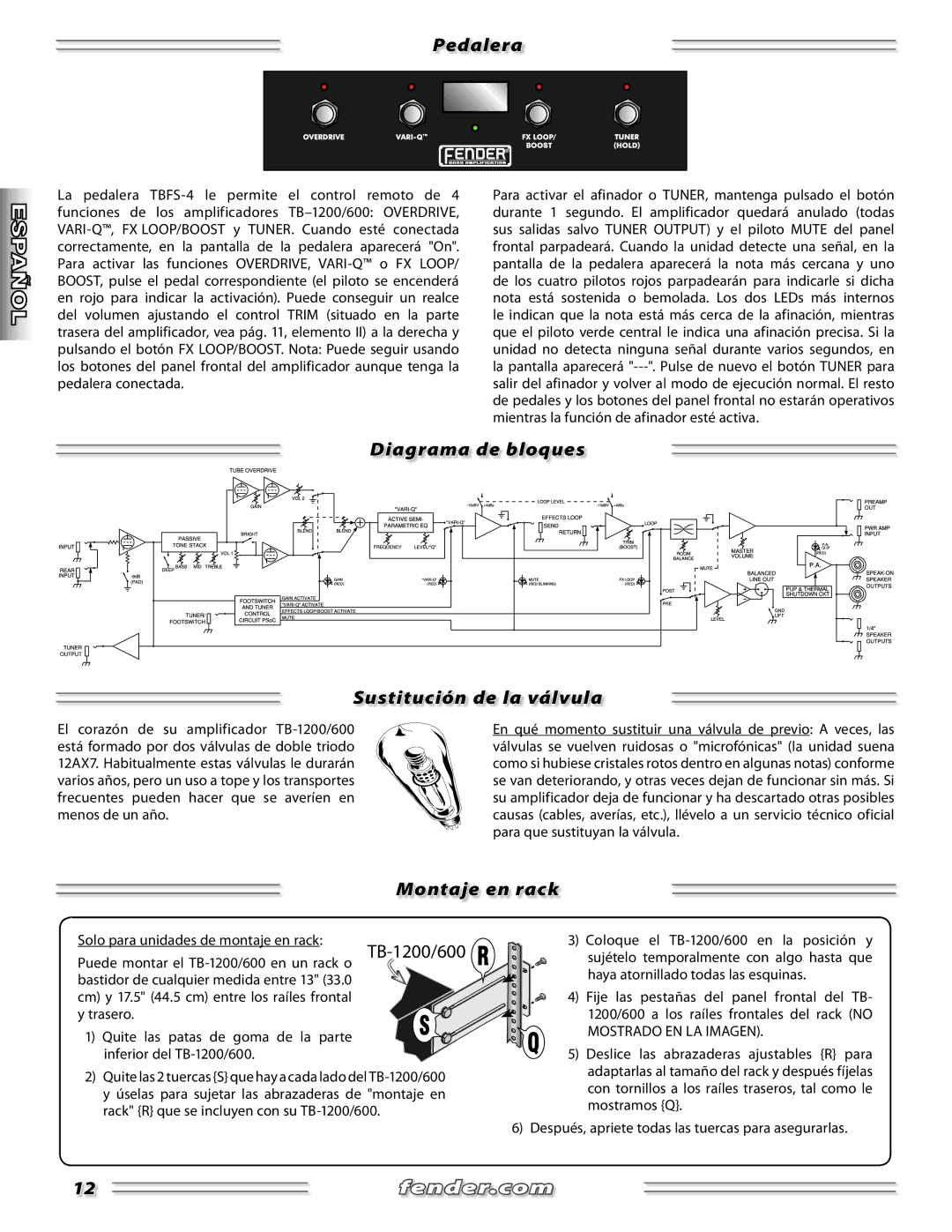 Fender TB-1200, TB-600 manual Pedalera, Diagrama de bloques Sustitución de la válvula, Montaje en rack 