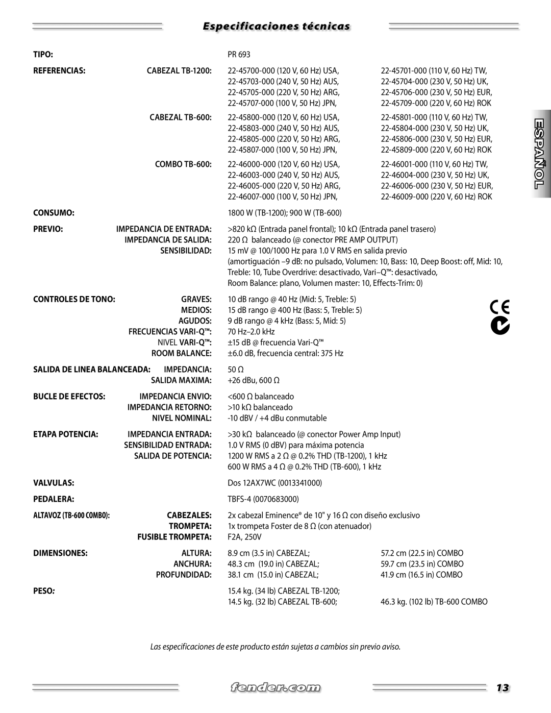 Fender TB-600, TB-1200 manual Especificaciones técnicas 