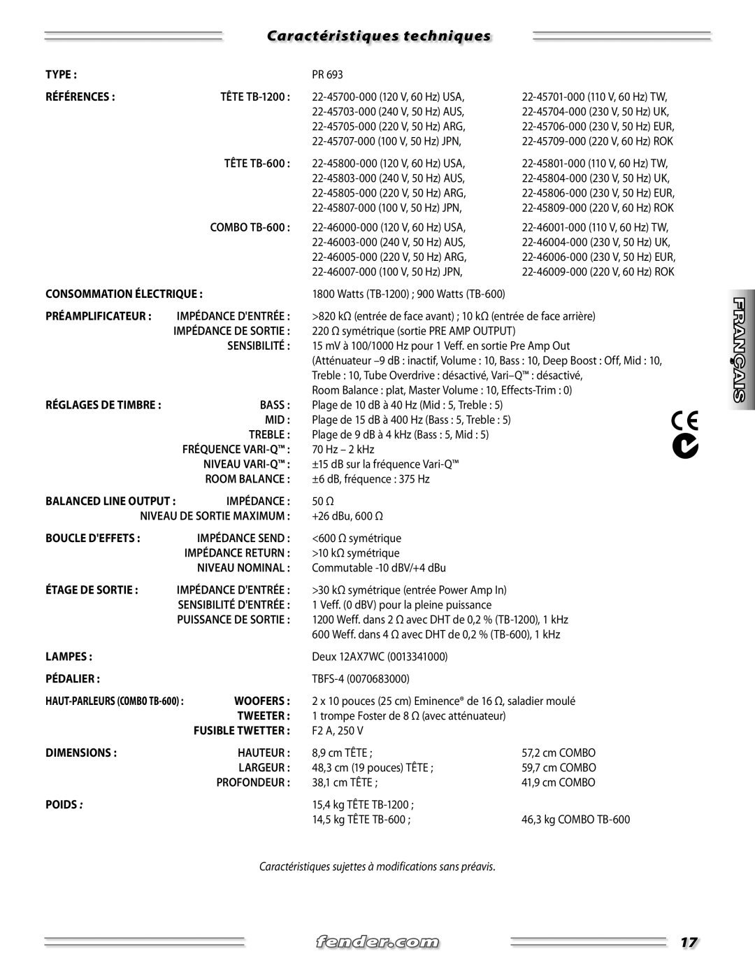 Fender TB-600, TB-1200 manual Caractéristiques techniques 