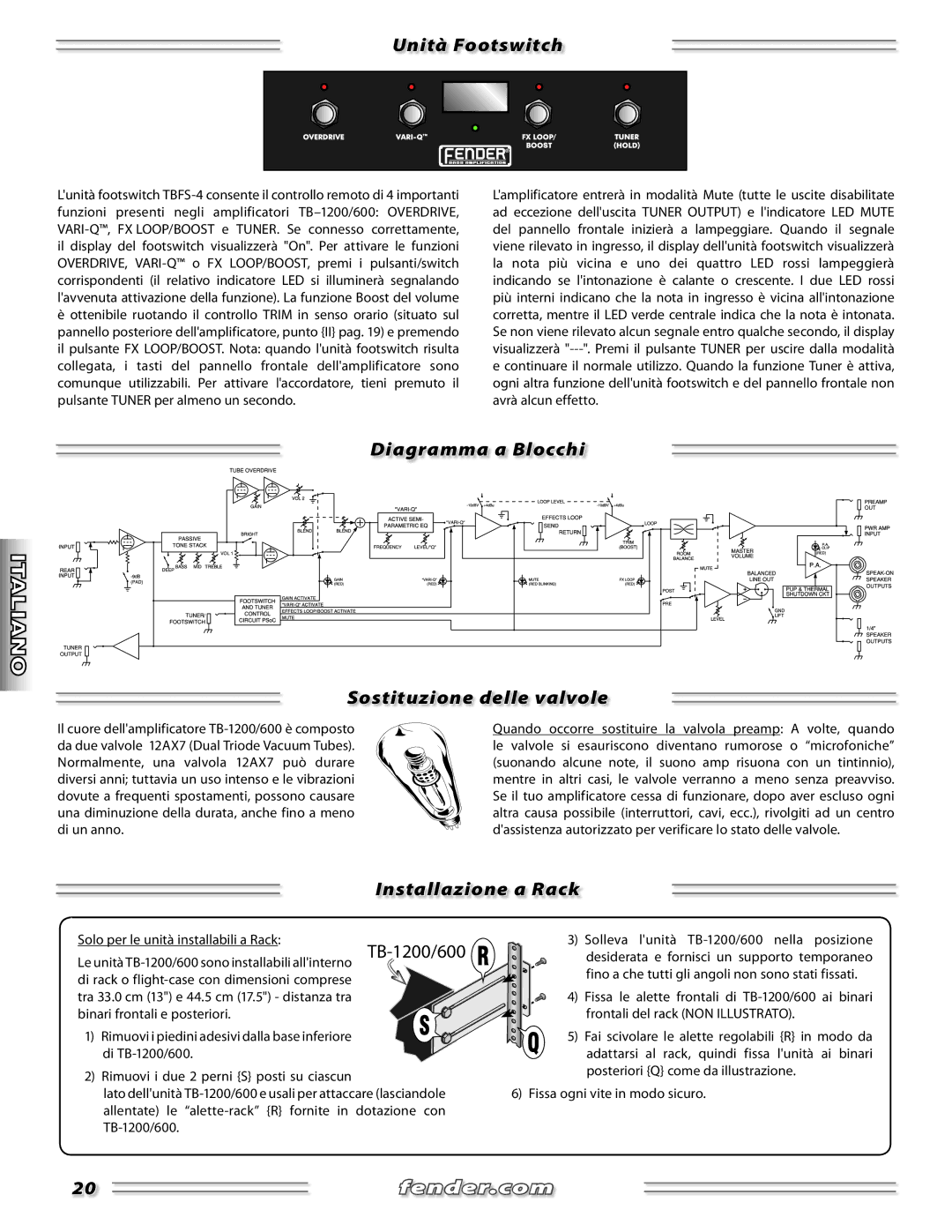 Fender TB-1200, TB-600 manual Unità Footswitch, Diagramma a Blocchi Sostituzione delle valvole, Installazione a Rack 