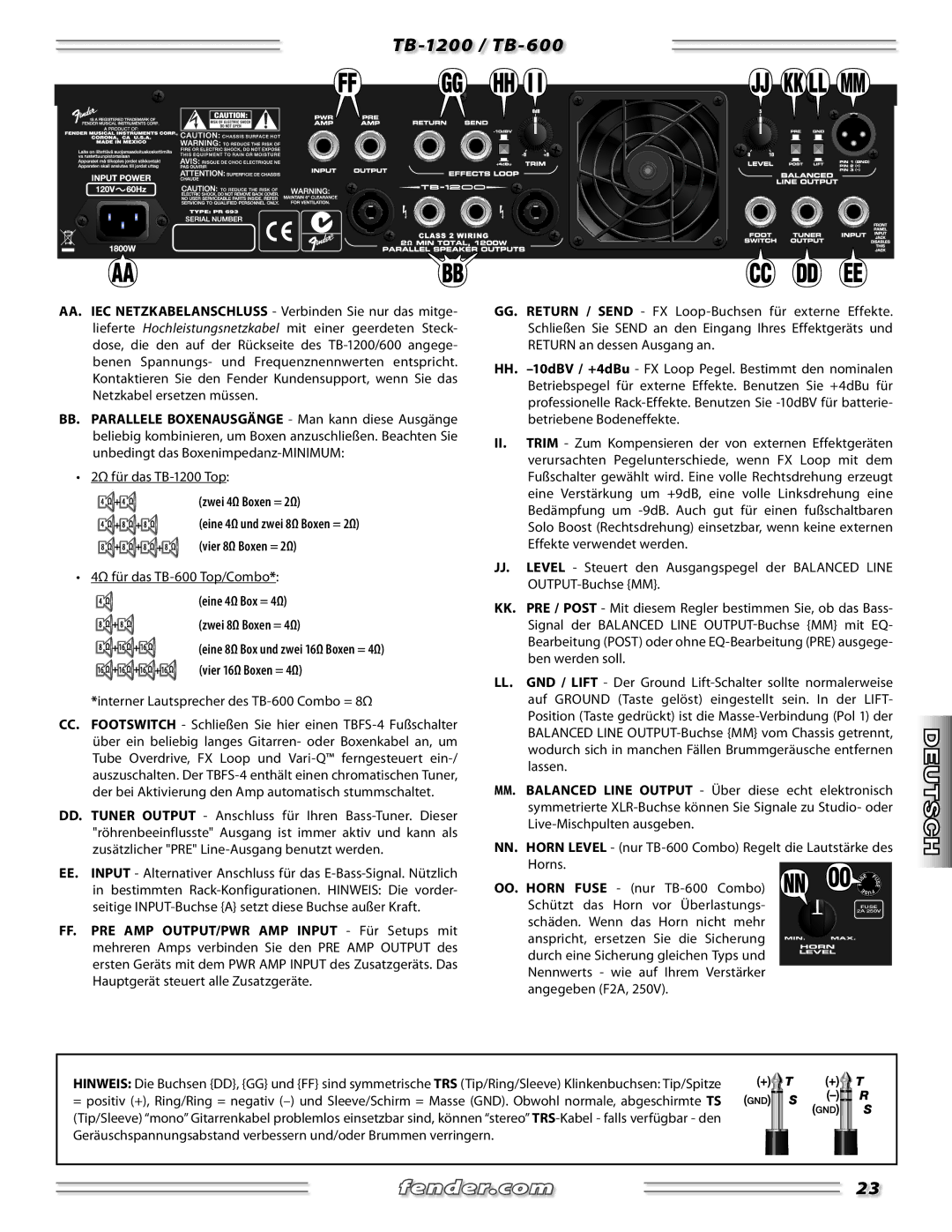 Fender TB-600, TB-1200 manual Zwei 4Ω Boxen = 2Ω 