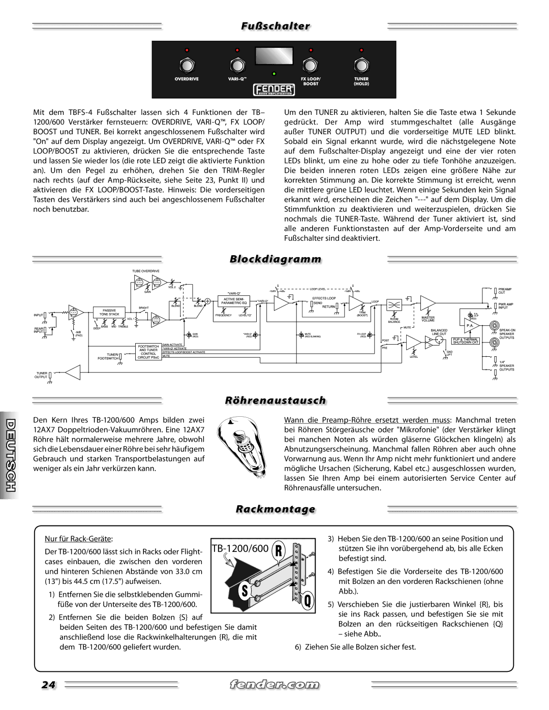 Fender TB-1200, TB-600 manual Fußschalter, Blockdiagramm Röhrenaustausch, Rackmontage 