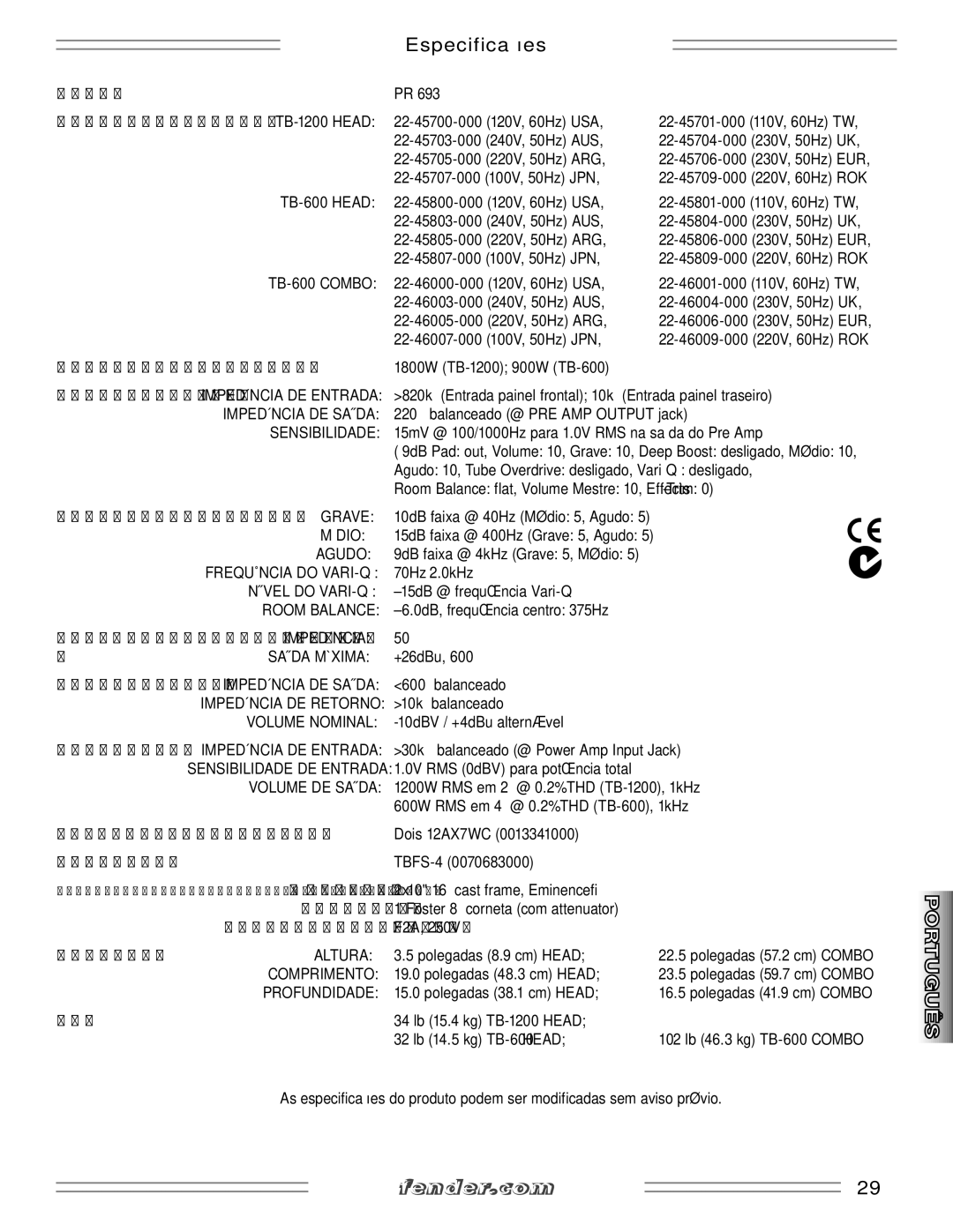 Fender TB-600, TB-1200 manual Especificações 