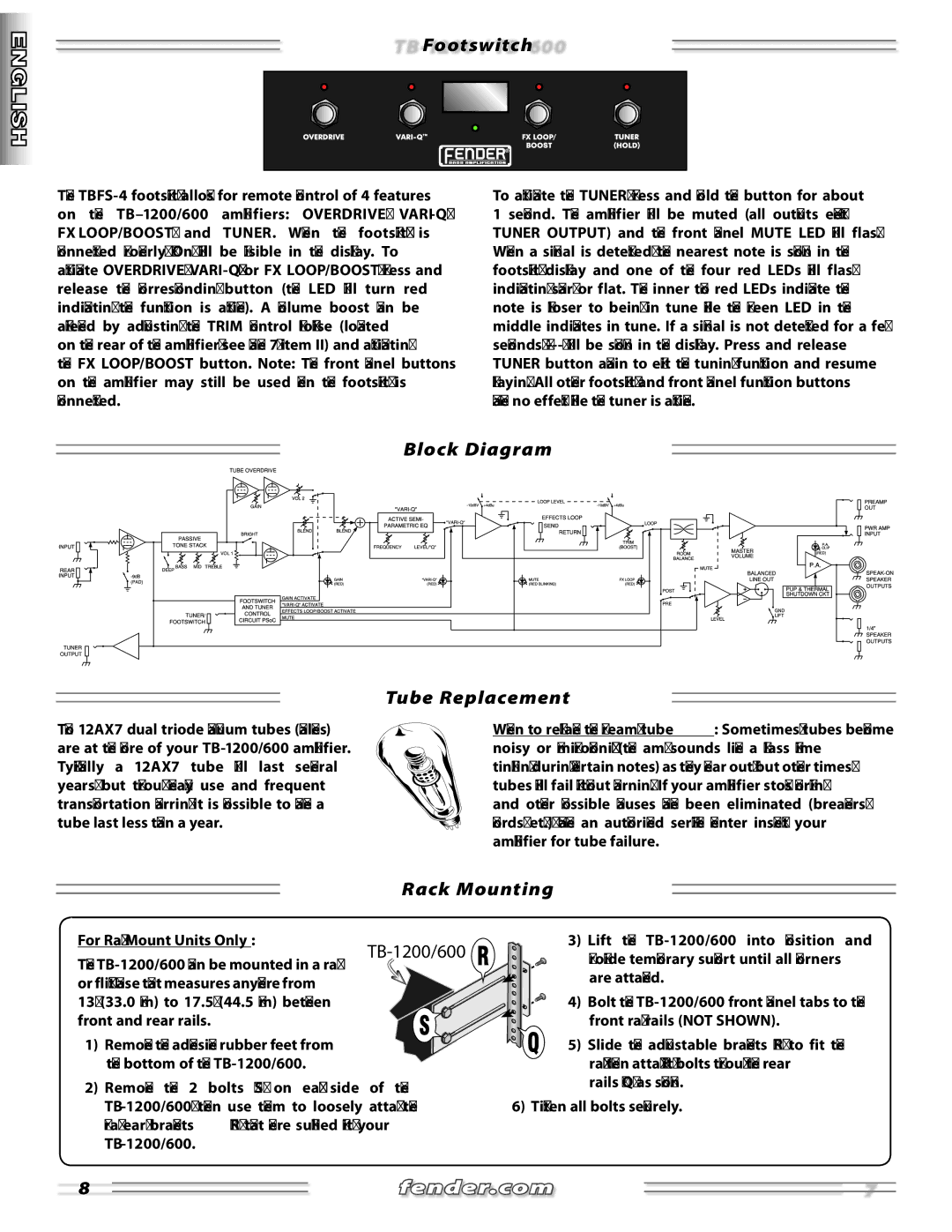 Fender TB-1200, TB-600 manual Footswitch, Block Diagram Tube Replacement, Rack Mounting 